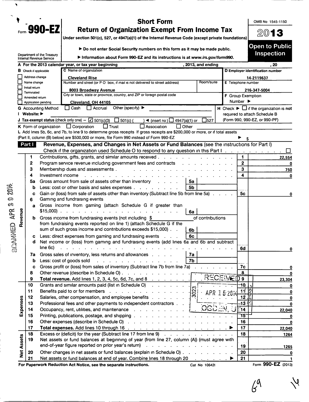 Image of first page of 2013 Form 990EZ for Cleveland Rise