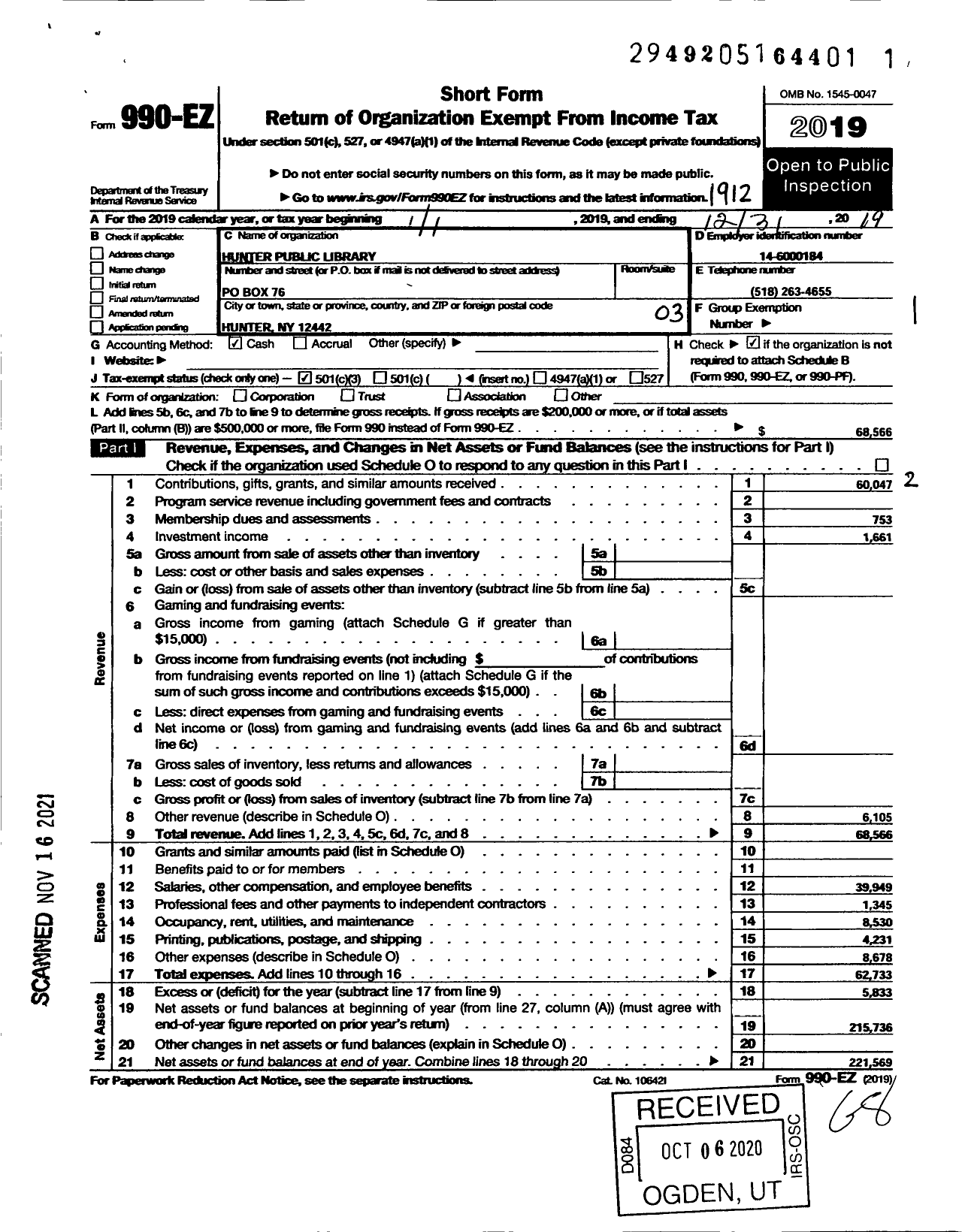 Image of first page of 2019 Form 990EZ for Hunter Public Library