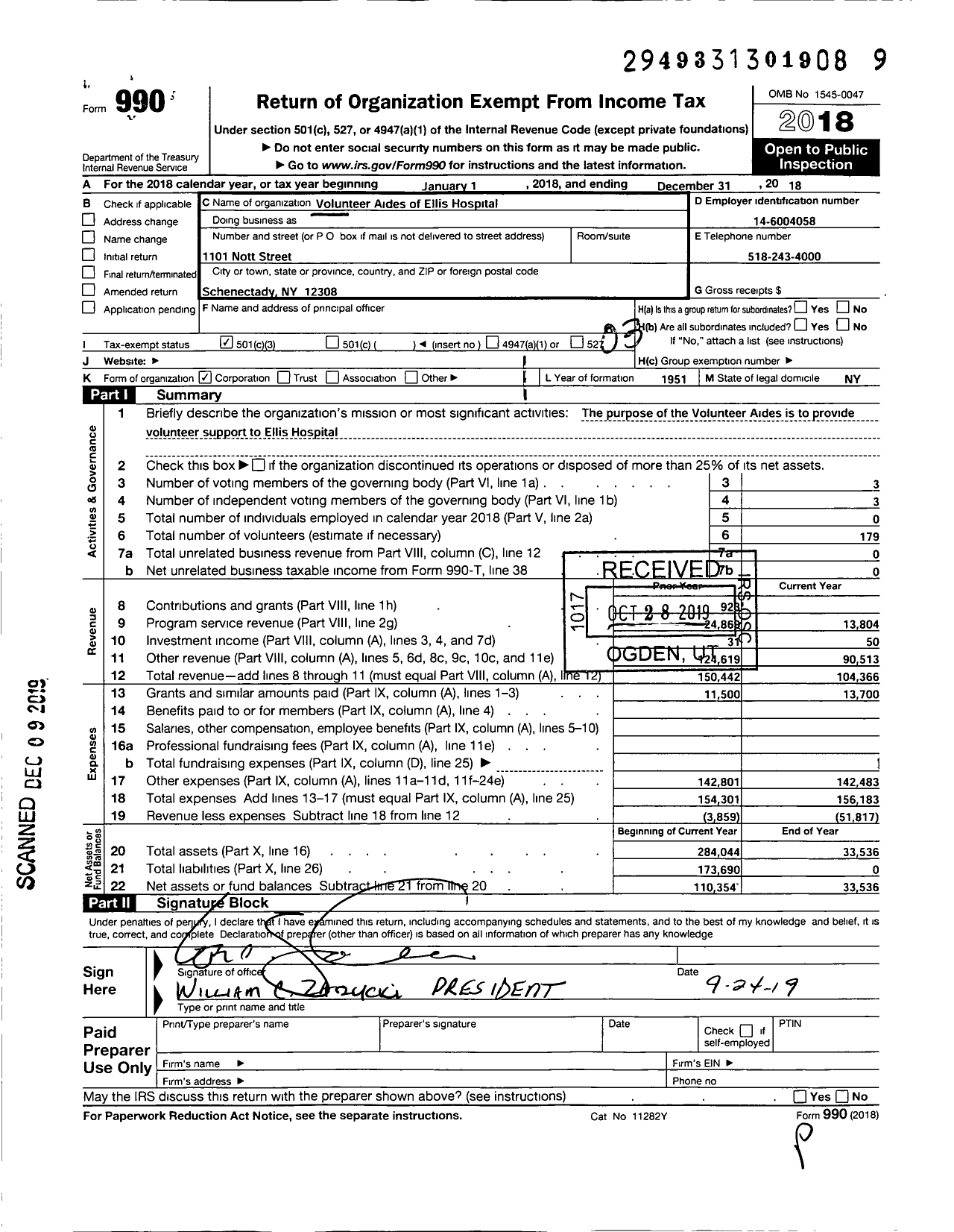 Image of first page of 2018 Form 990 for Volunteer Aides of Ellis Hospital