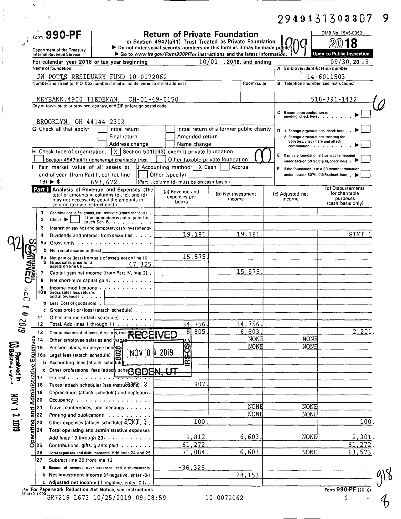 Image of first page of 2018 Form 990PF for JW Potts Residuary Fund