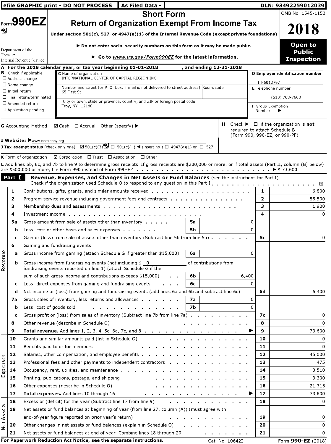 Image of first page of 2018 Form 990EZ for International Center of Capital Region