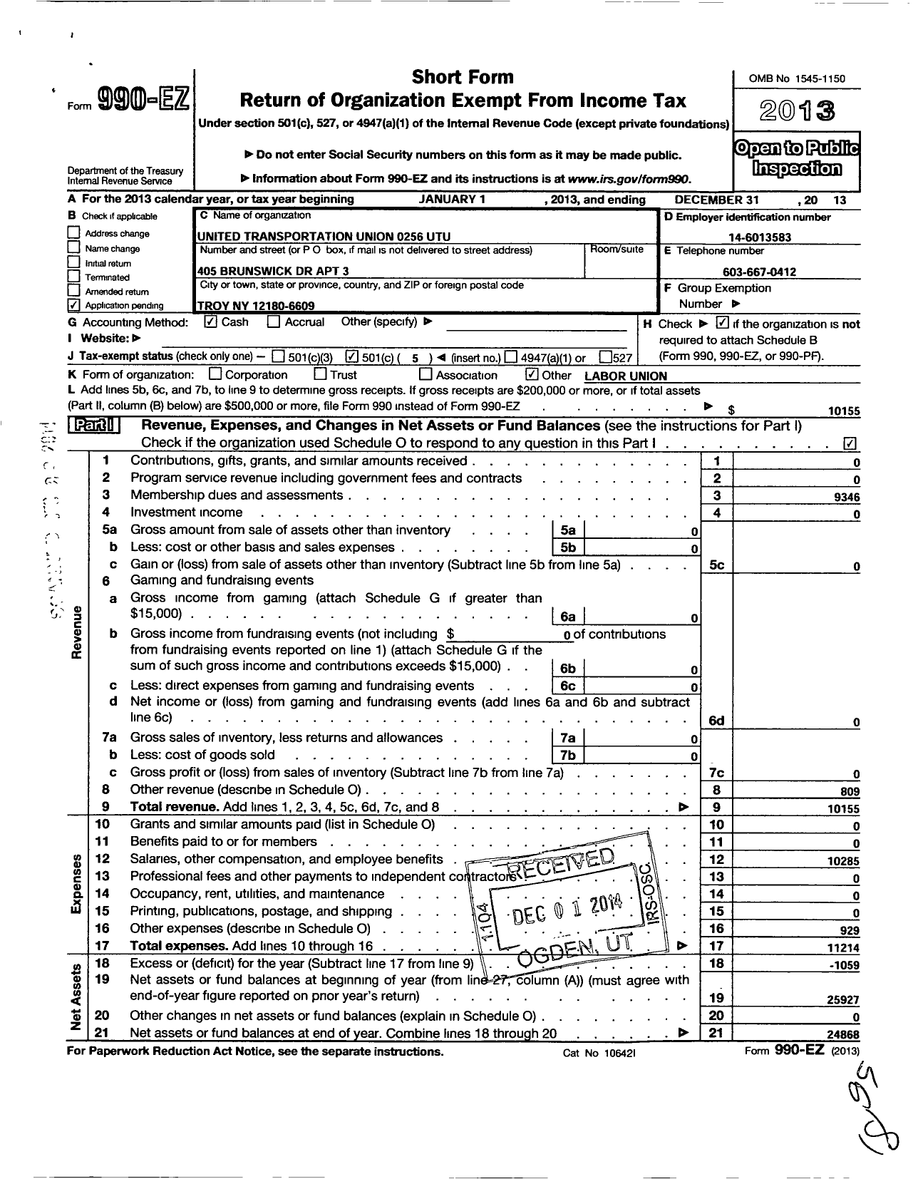 Image of first page of 2013 Form 990EO for Smart Union - 256 TD