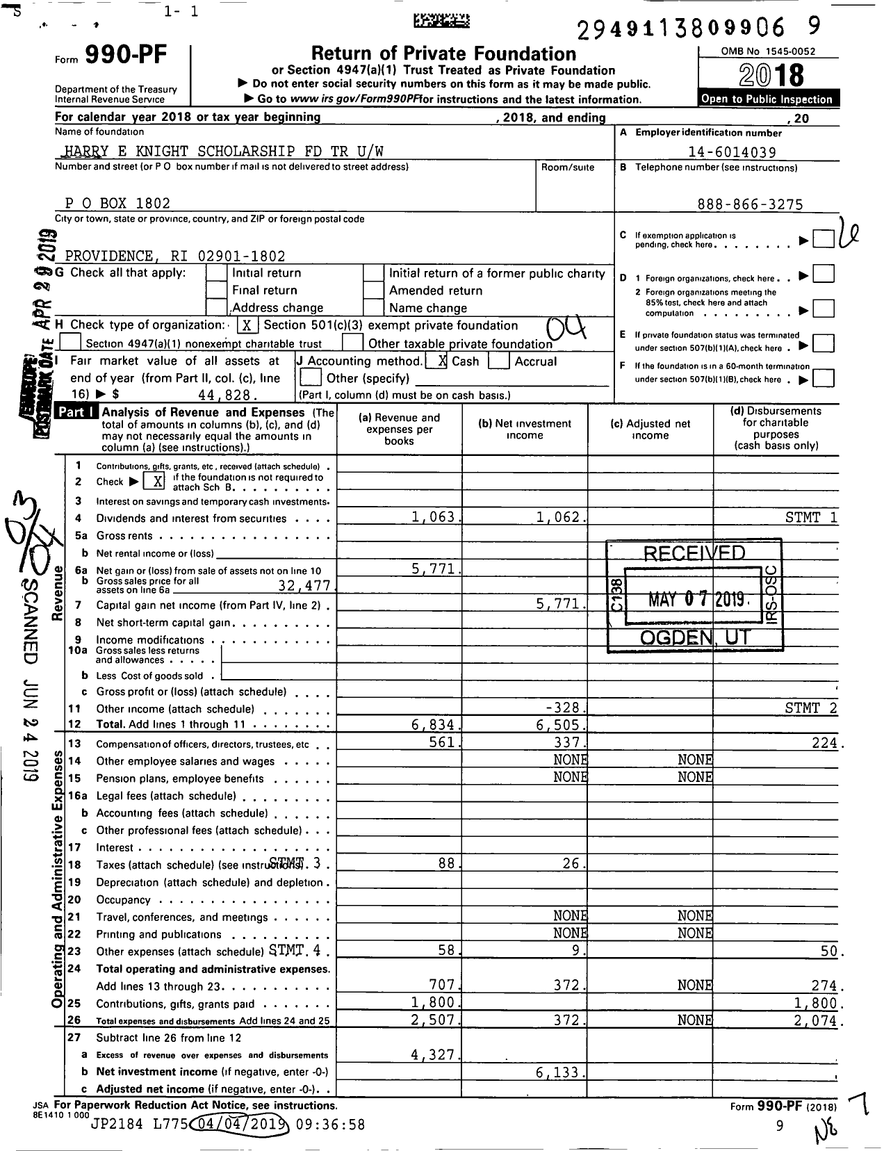 Image of first page of 2018 Form 990PF for Harry E Knight Scholarship FD TR Uw