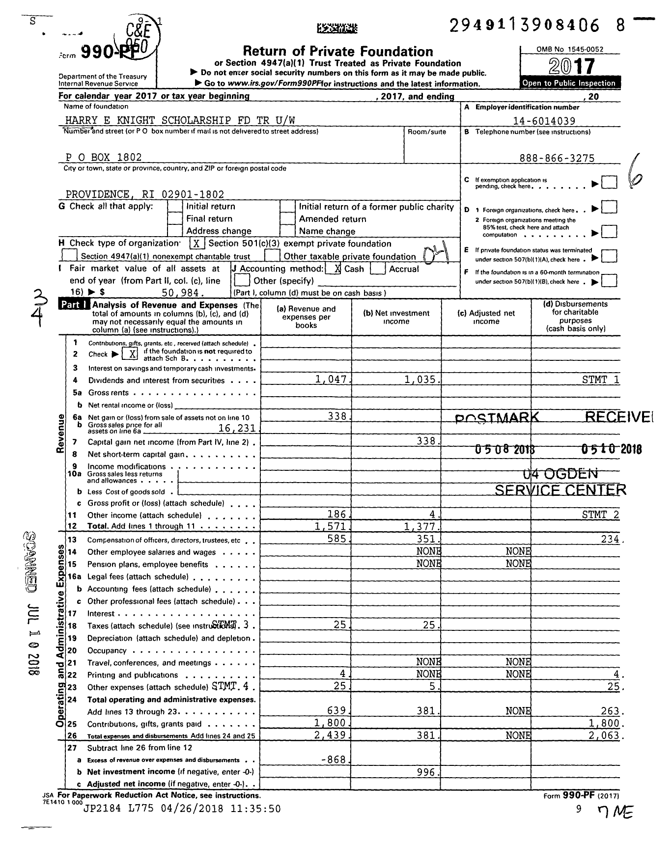 Image of first page of 2017 Form 990PF for Harry E Knight Scholarship FD TR Uw