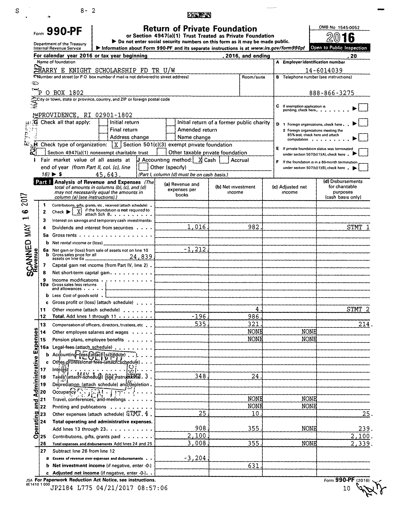 Image of first page of 2016 Form 990PF for Harry E Knight Scholarship FD TR Uw