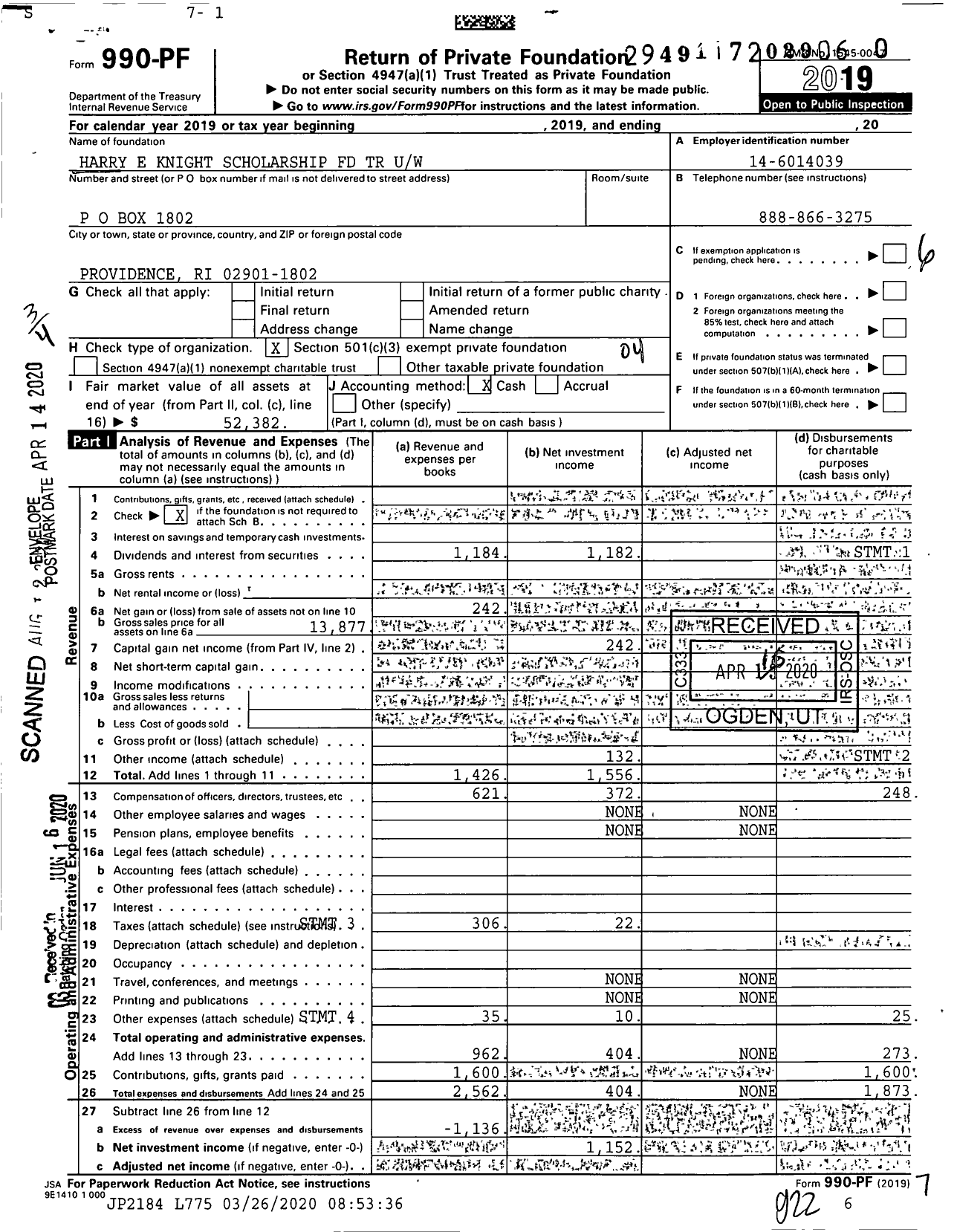 Image of first page of 2019 Form 990PR for Harry E Knight Scholarship FD TR Uw