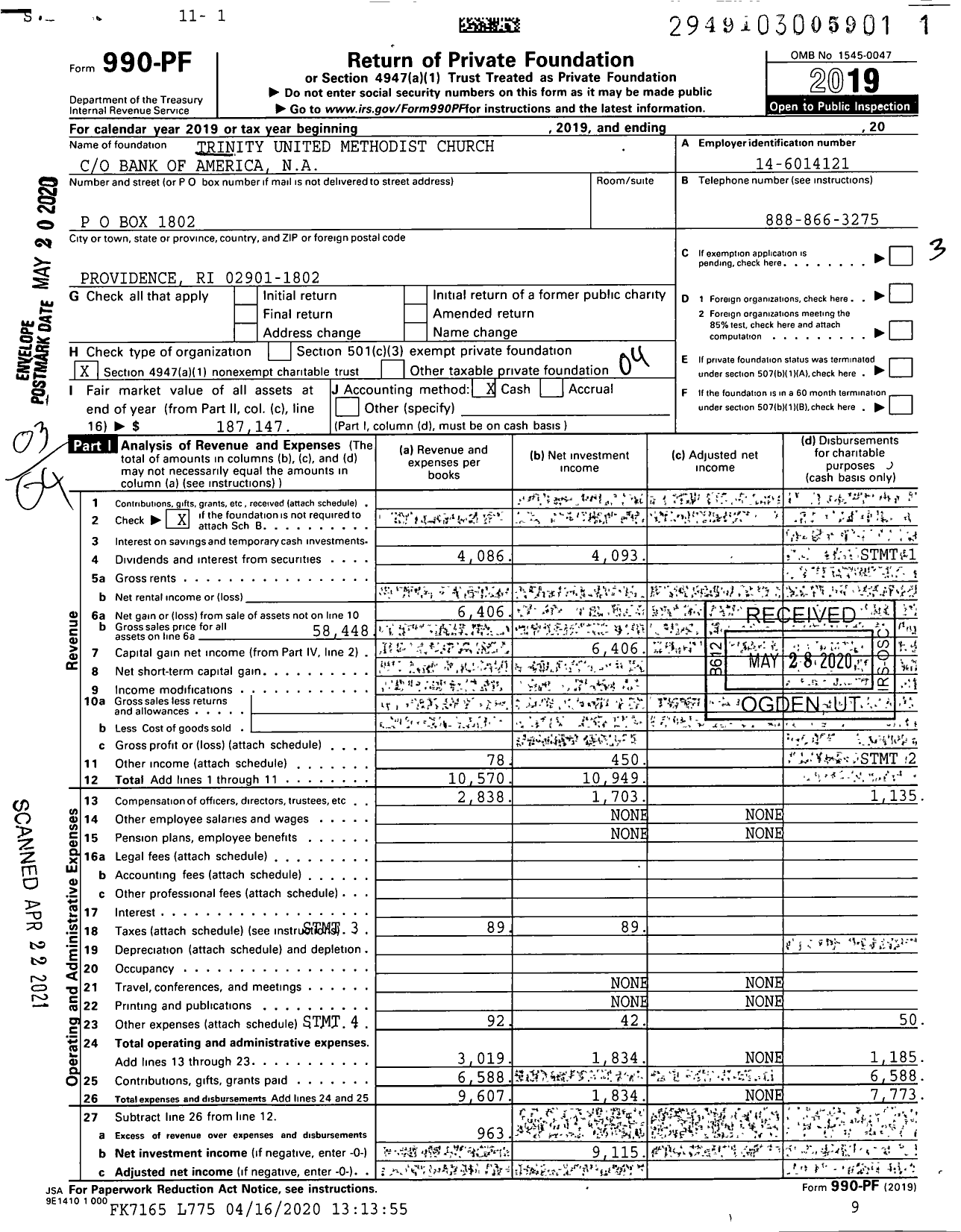 Image of first page of 2019 Form 990PF for Trinity United Methodist Church