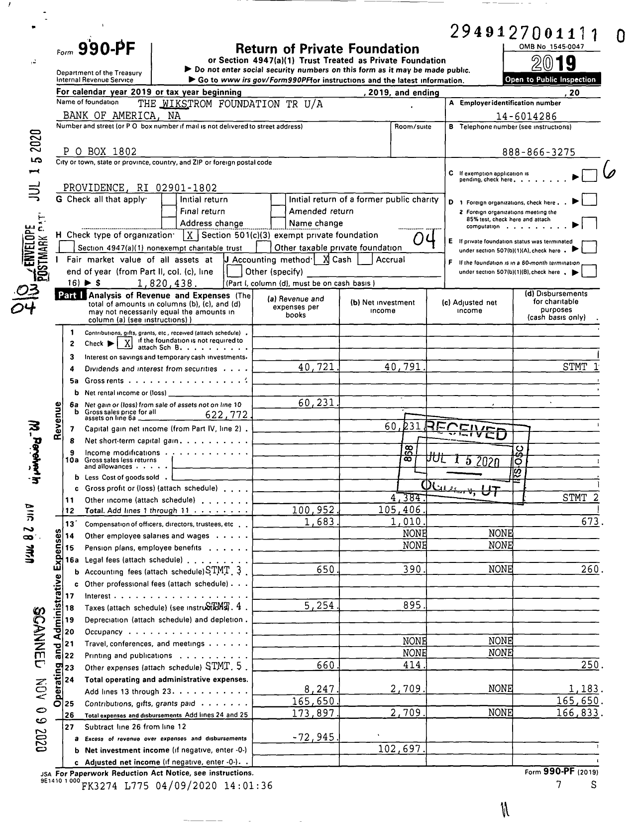 Image of first page of 2019 Form 990PF for The Wikstrom Foundation Trust