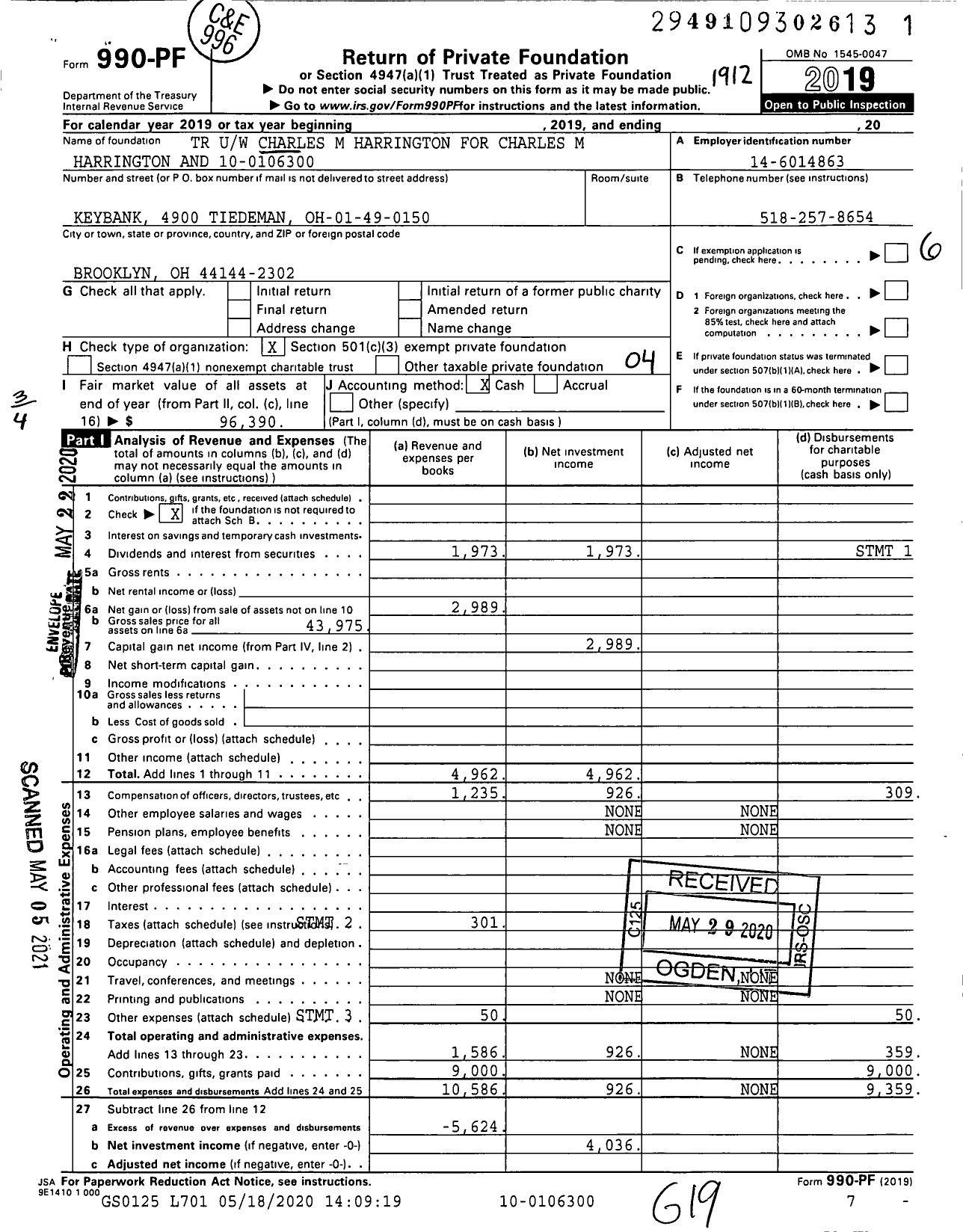 Image of first page of 2019 Form 990PF for TR Uw Charles M Harrington for Charles M