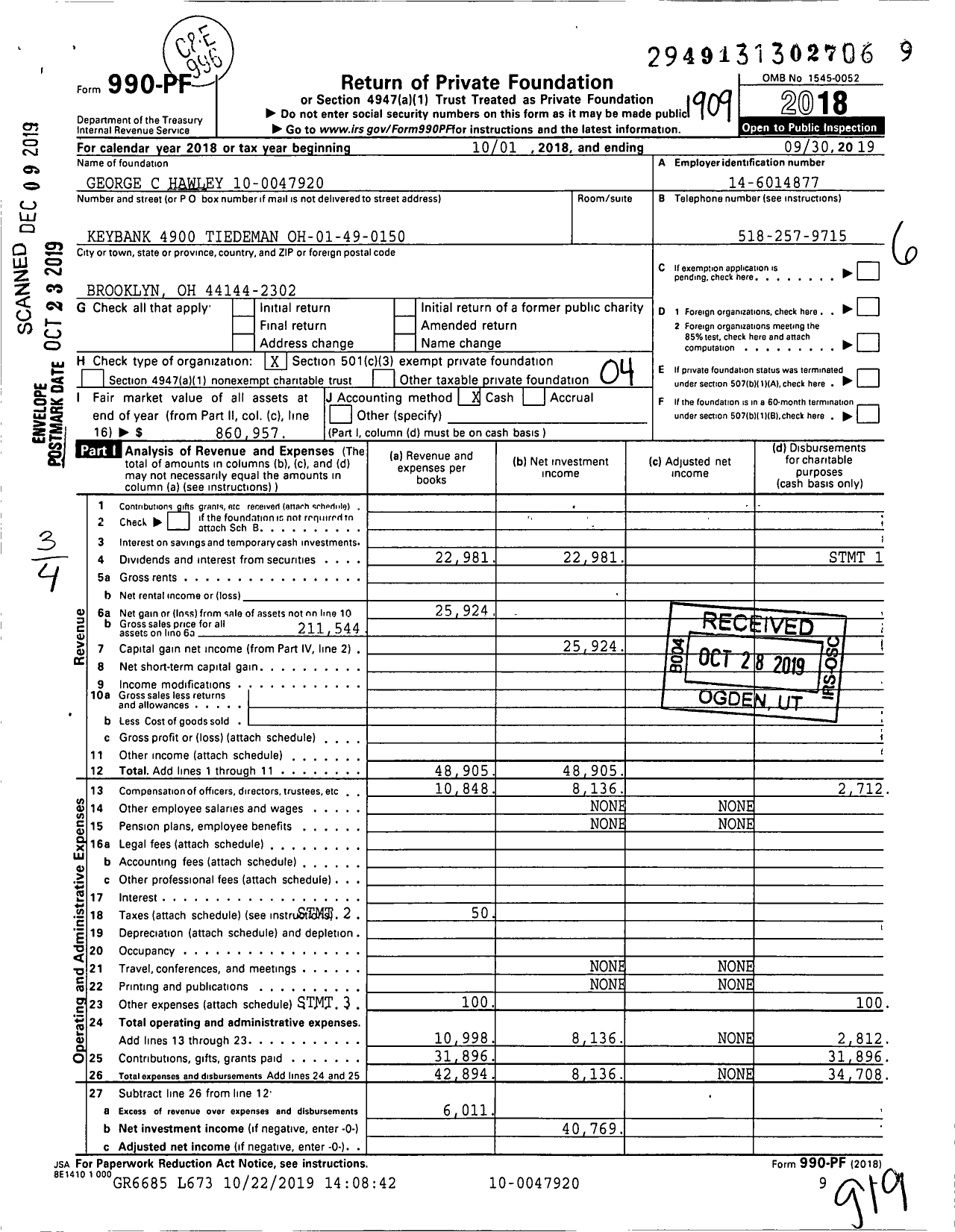 Image of first page of 2018 Form 990PF for George C Hawley