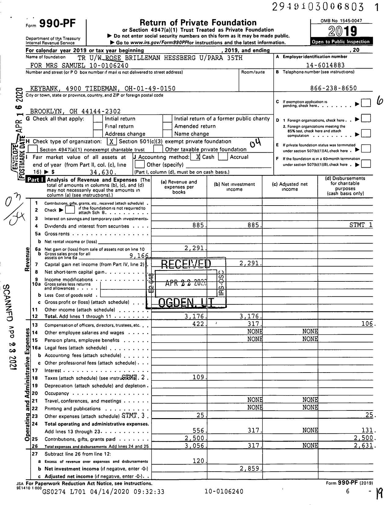 Image of first page of 2019 Form 990PF for TR Uw Rose Brilleman Hessberg Upara 35th