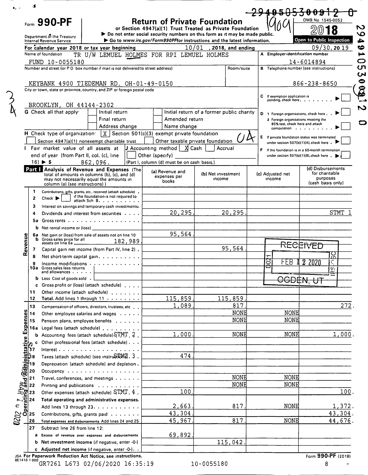 Image of first page of 2018 Form 990PR for TR Uw Lemuel Holmes for Rpi Lemuel Holmes