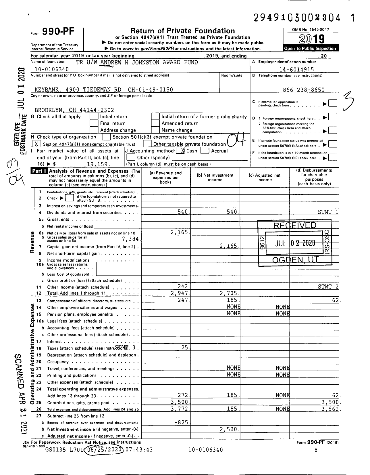 Image of first page of 2019 Form 990PF for TR Uw Andrew M Johnston Award Fund