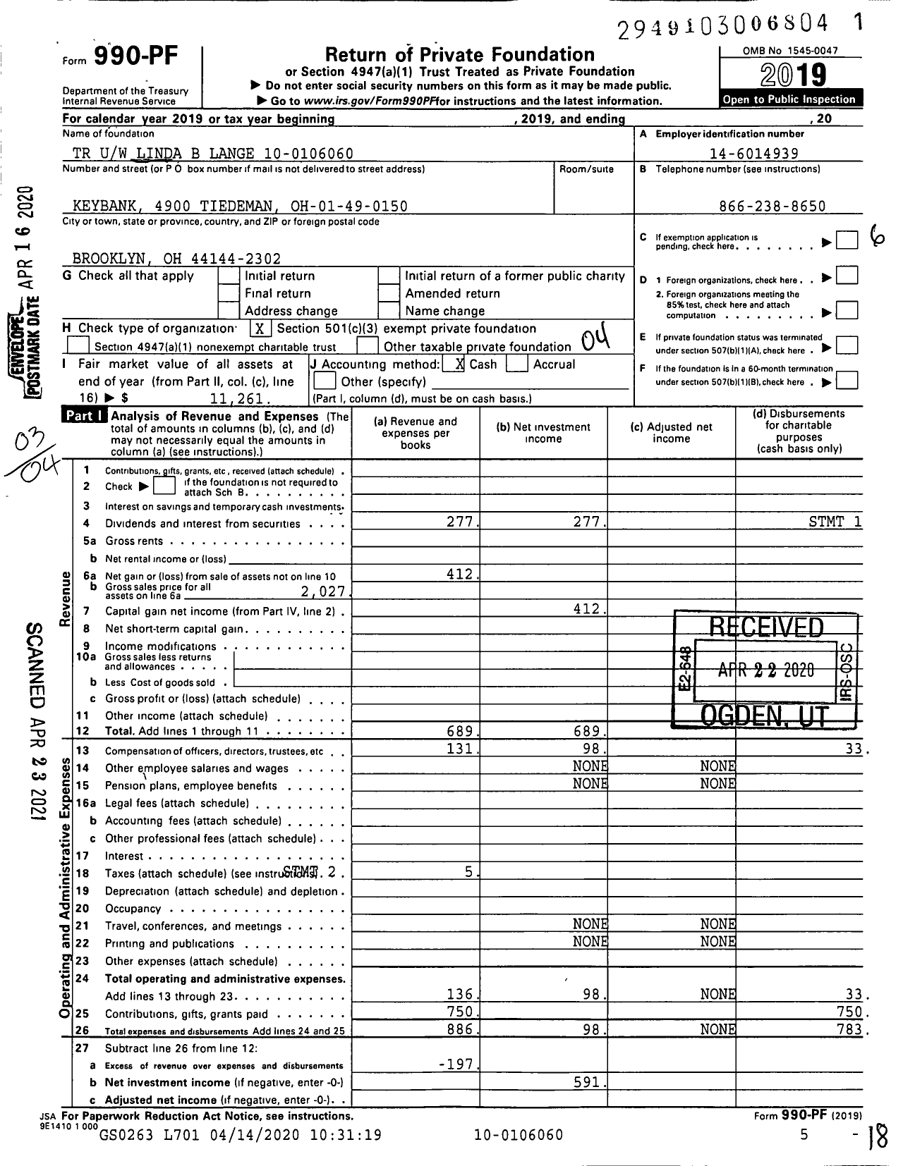 Image of first page of 2019 Form 990PF for TR Uw Linda B Langer