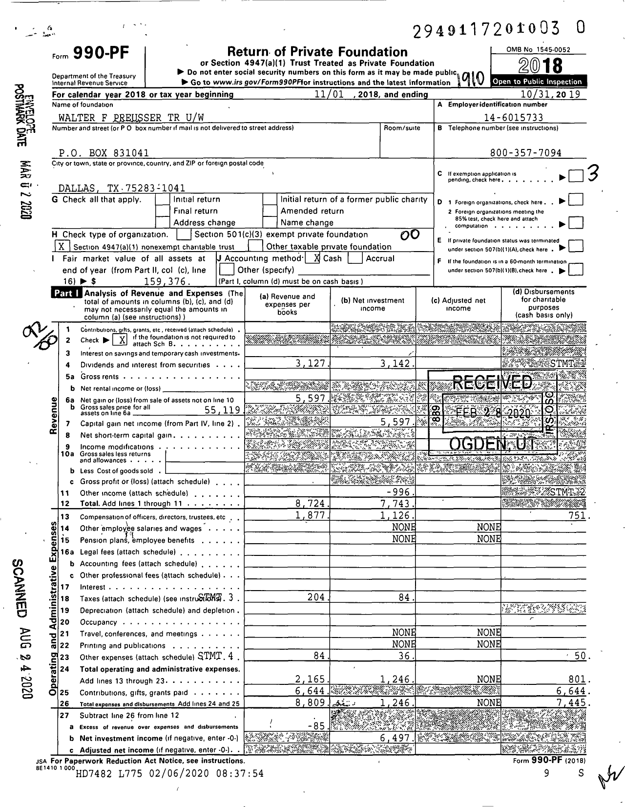 Image of first page of 2018 Form 990PR for Walter F Preusser TR Uw