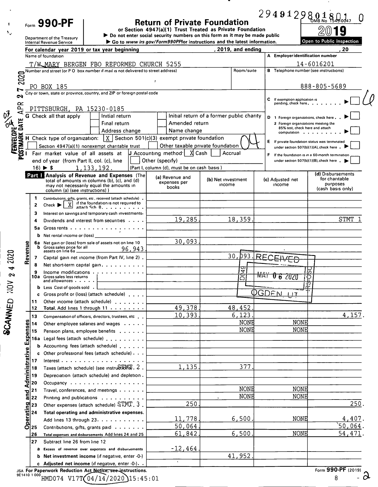 Image of first page of 2019 Form 990PF for TW Mary Bergen Fbo Reformed Church 5255