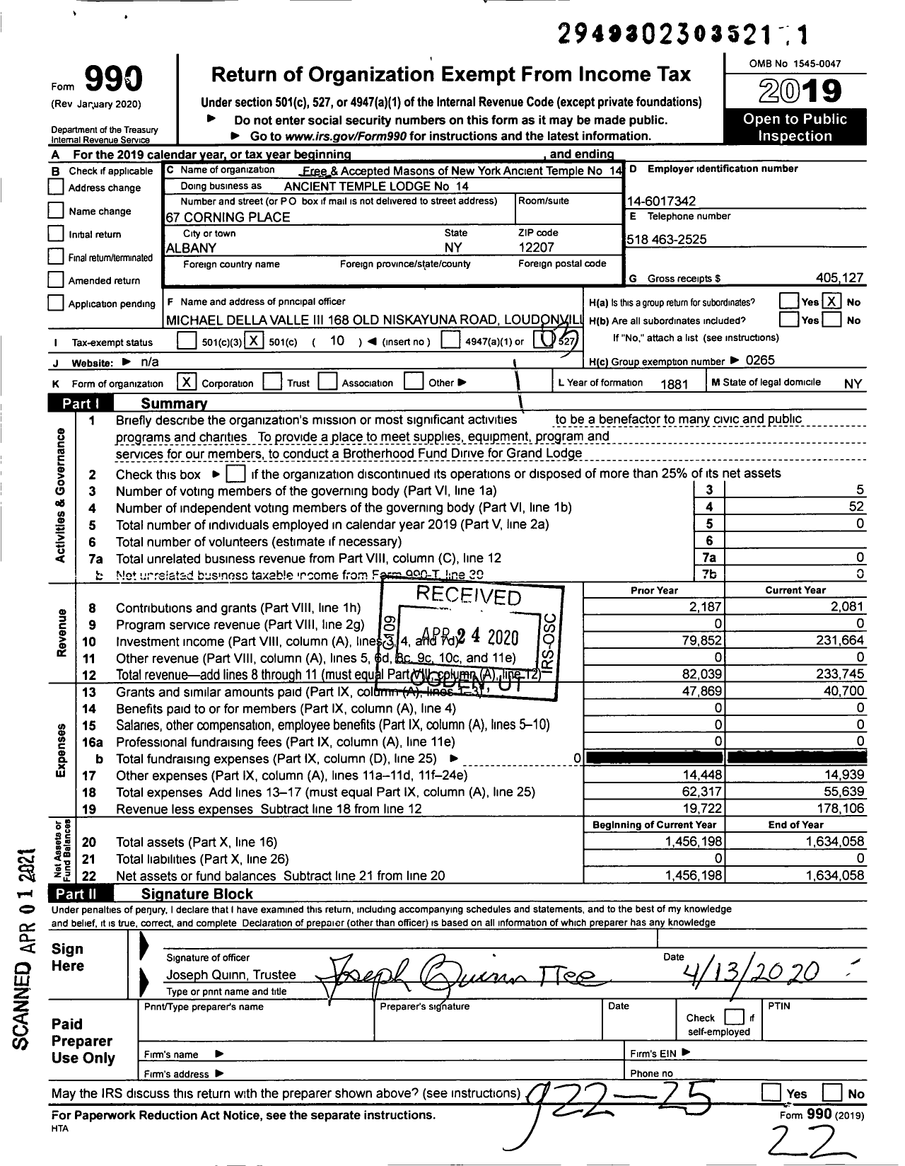 Image of first page of 2019 Form 990 for Free and Accepted Masons of New York - Ancient TEMPLE LODGE No 14