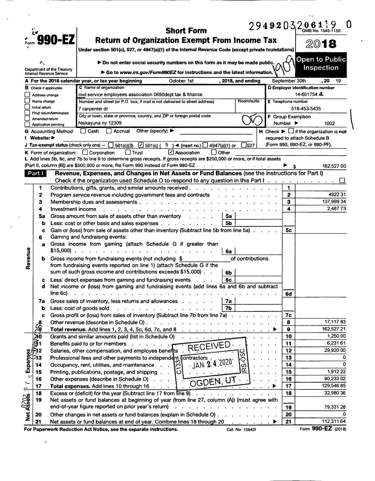 Image of first page of 2018 Form 990EO for Civil Service Employees Association - 0690 Dept of Taxation and Finance