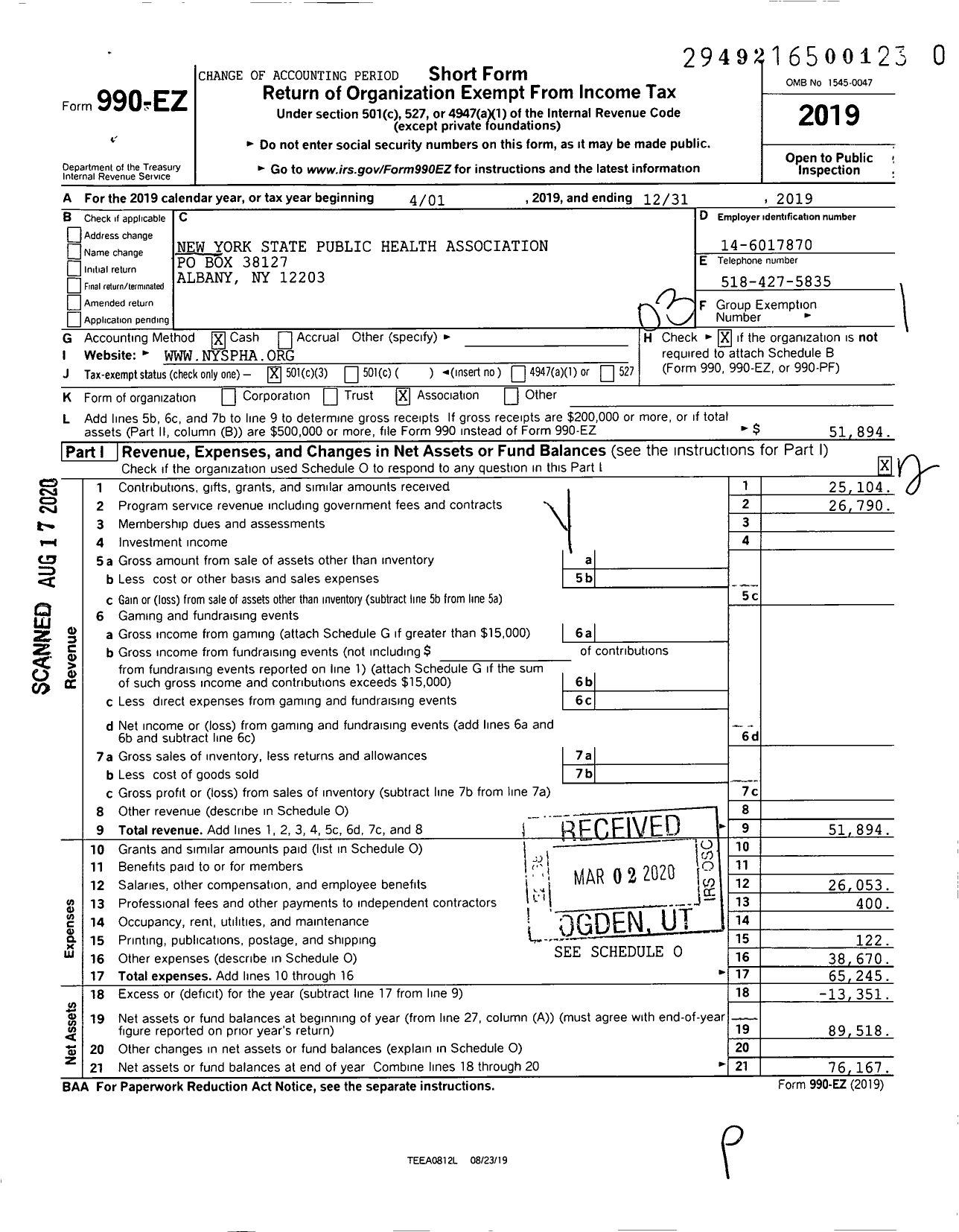 Image of first page of 2019 Form 990EZ for New York State Public Health Association