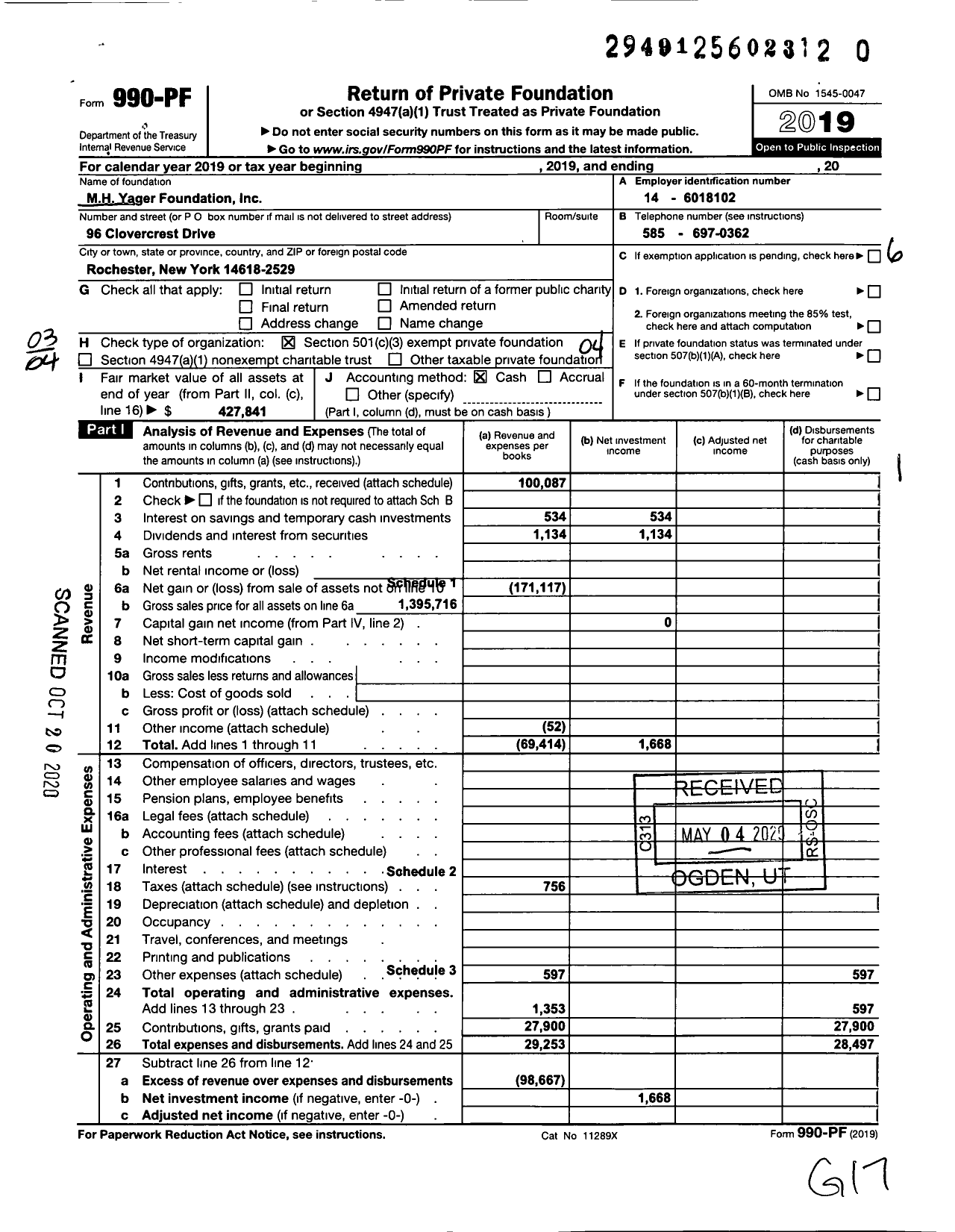 Image of first page of 2019 Form 990PR for MH Yager Foundation