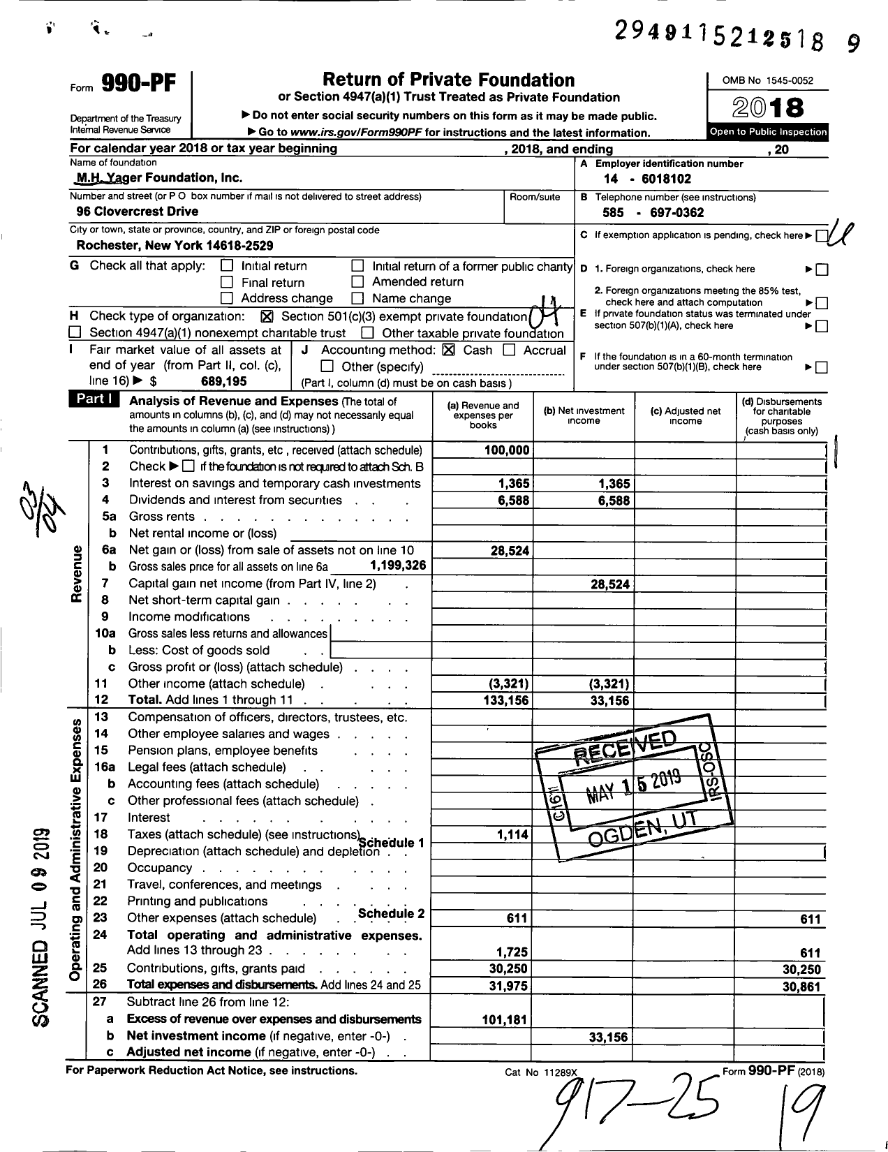 Image of first page of 2018 Form 990PF for MH Yager Foundation