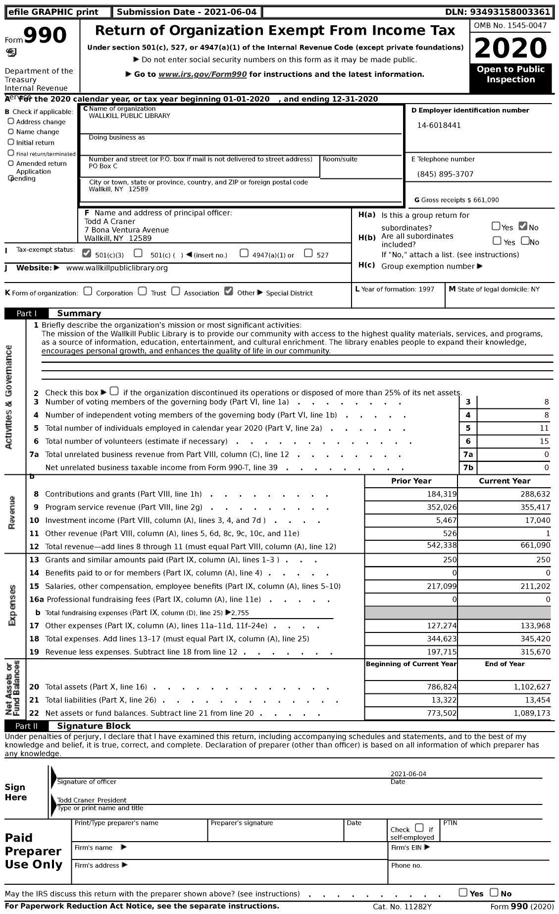 Image of first page of 2020 Form 990 for Wallkill Public Library