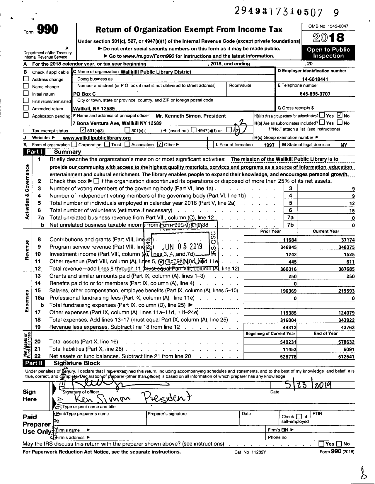 Image of first page of 2018 Form 990 for Wallkill Public Library