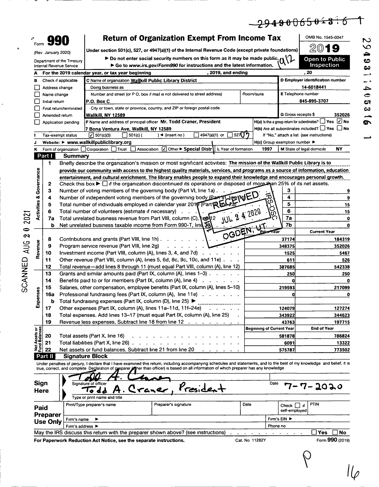 Image of first page of 2019 Form 990 for Wallkill Public Library