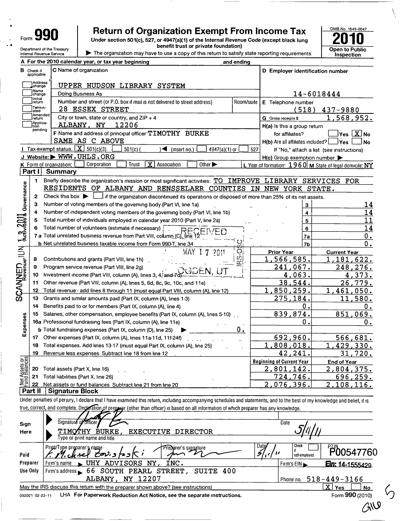Image of first page of 2010 Form 990 for Upper Hudson Library System
