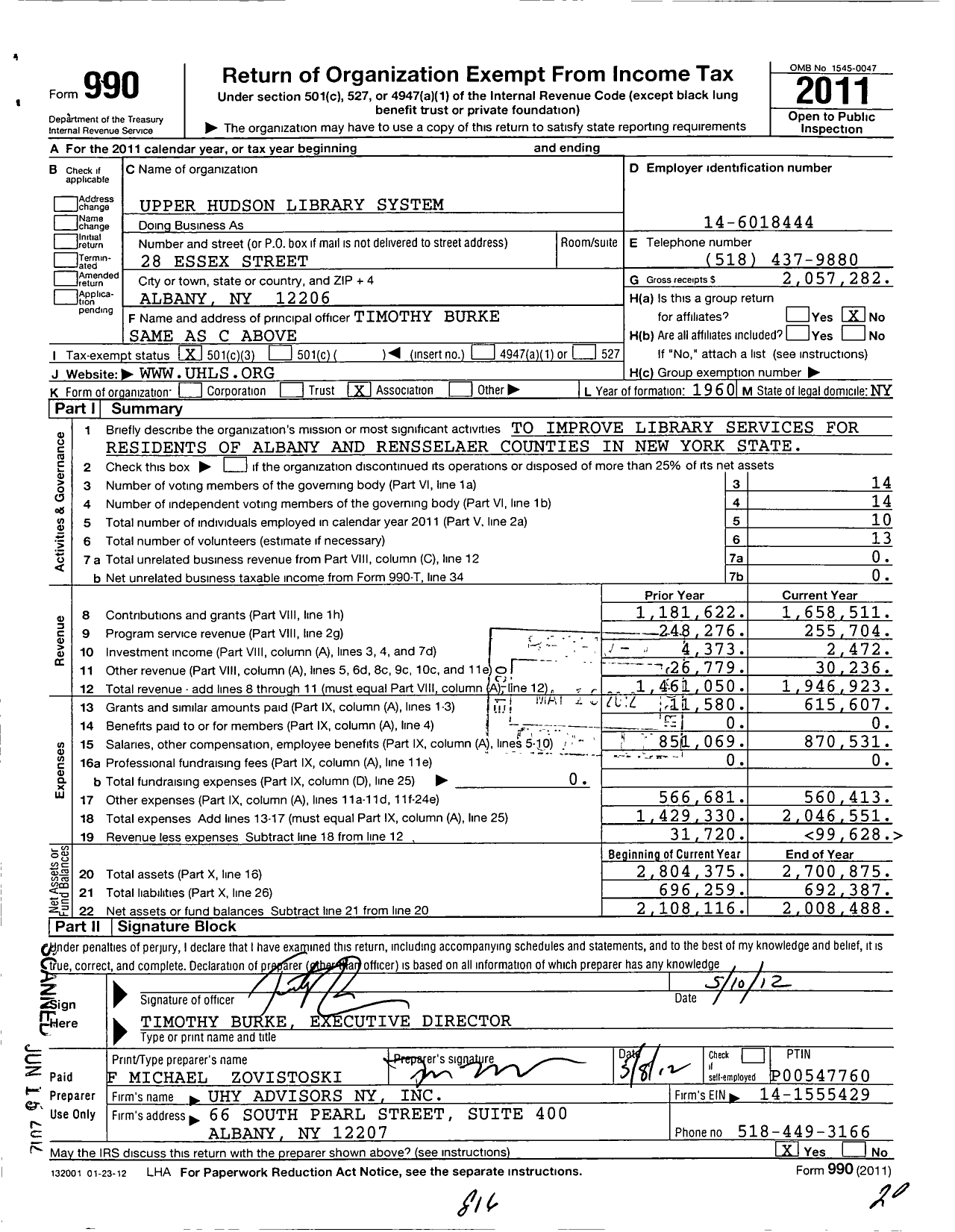 Image of first page of 2011 Form 990 for Upper Hudson Library System
