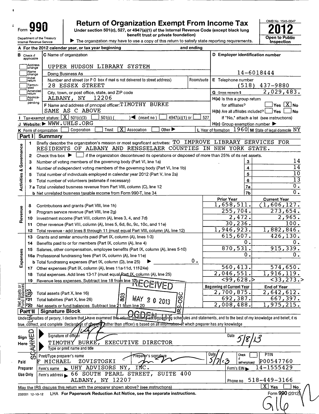 Image of first page of 2012 Form 990 for Upper Hudson Library System