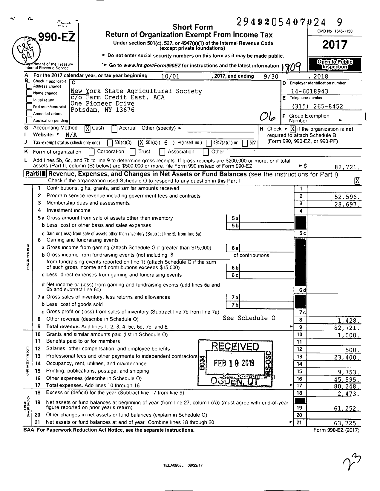 Image of first page of 2017 Form 990EO for New York State Agricultural Society