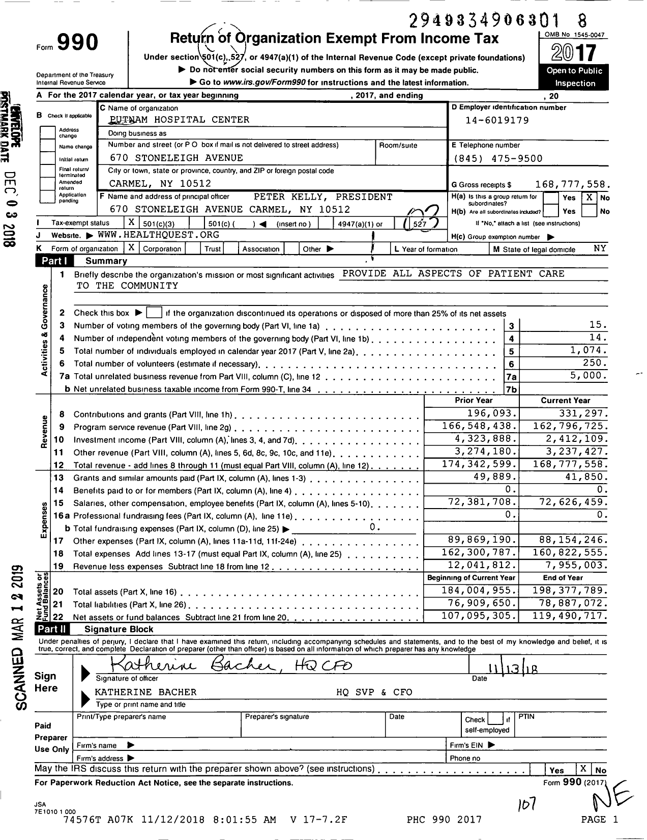 Image of first page of 2017 Form 990 for Putnam Hospital (PHC)
