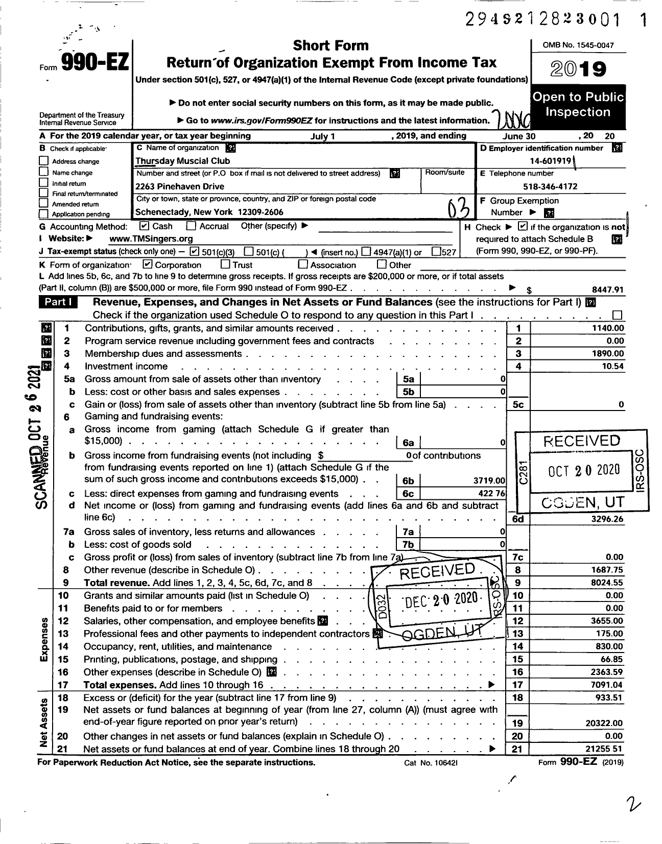 Image of first page of 2019 Form 990EZ for Thursday Musical Club