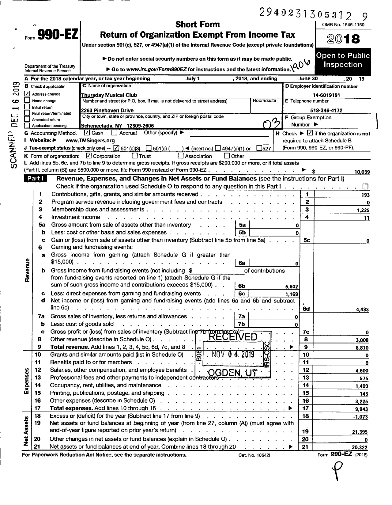 Image of first page of 2018 Form 990EZ for Thursday Musical Club