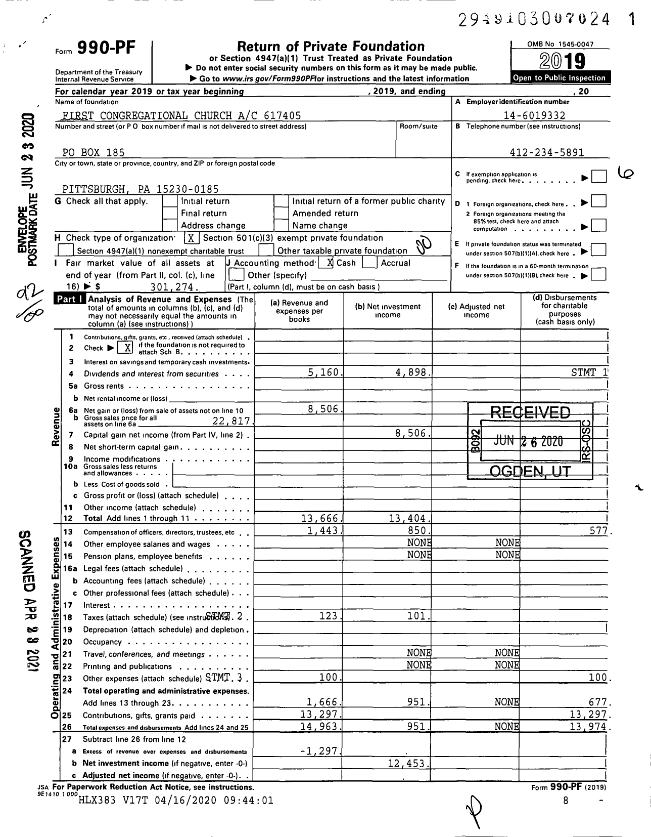 Image of first page of 2019 Form 990PF for First Congregational Church Ac 617405