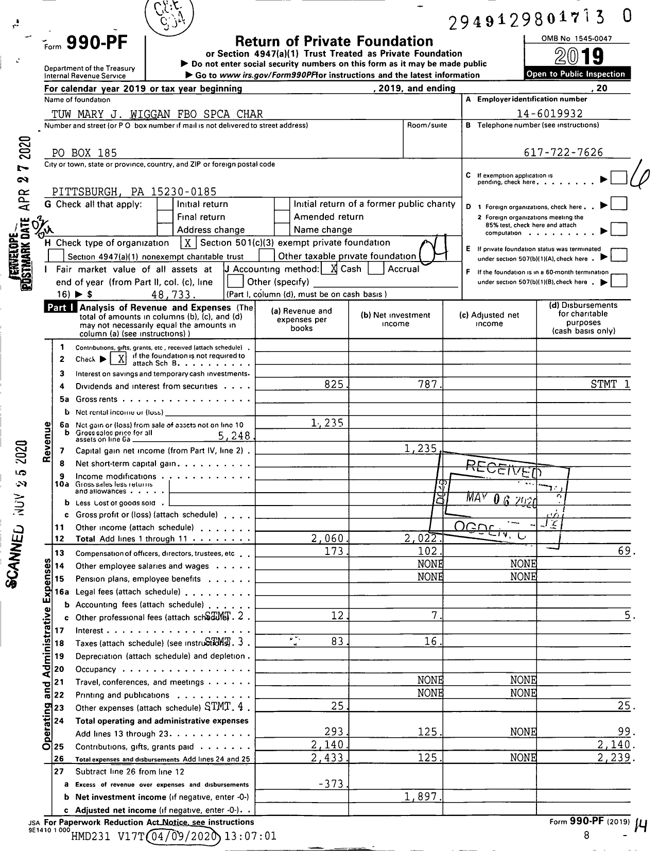 Image of first page of 2019 Form 990PF for Tuw Mary J Wiggan Fbo Spca Char