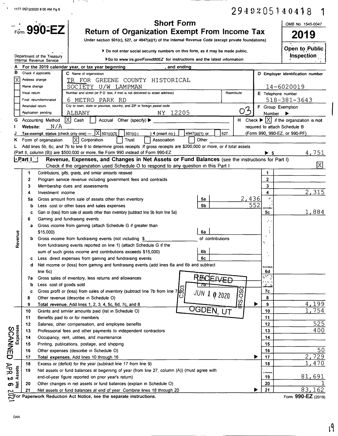 Image of first page of 2019 Form 990EZ for TR for Greene County Historical Society Uw / W Lampman