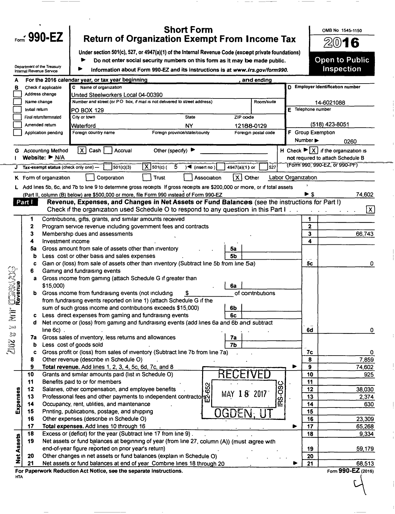 Image of first page of 2016 Form 990EO for United Steelworkers Local 4-0390