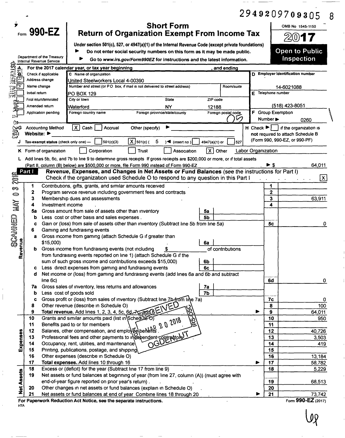 Image of first page of 2017 Form 990EO for United Steelworkers Local 4-0390