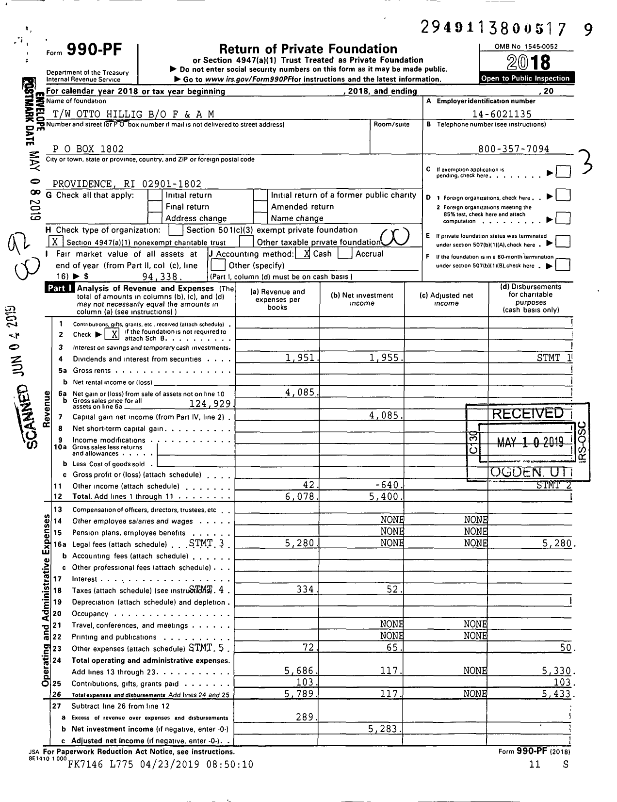 Image of first page of 2018 Form 990PF for Trust Uw Otto Hillig