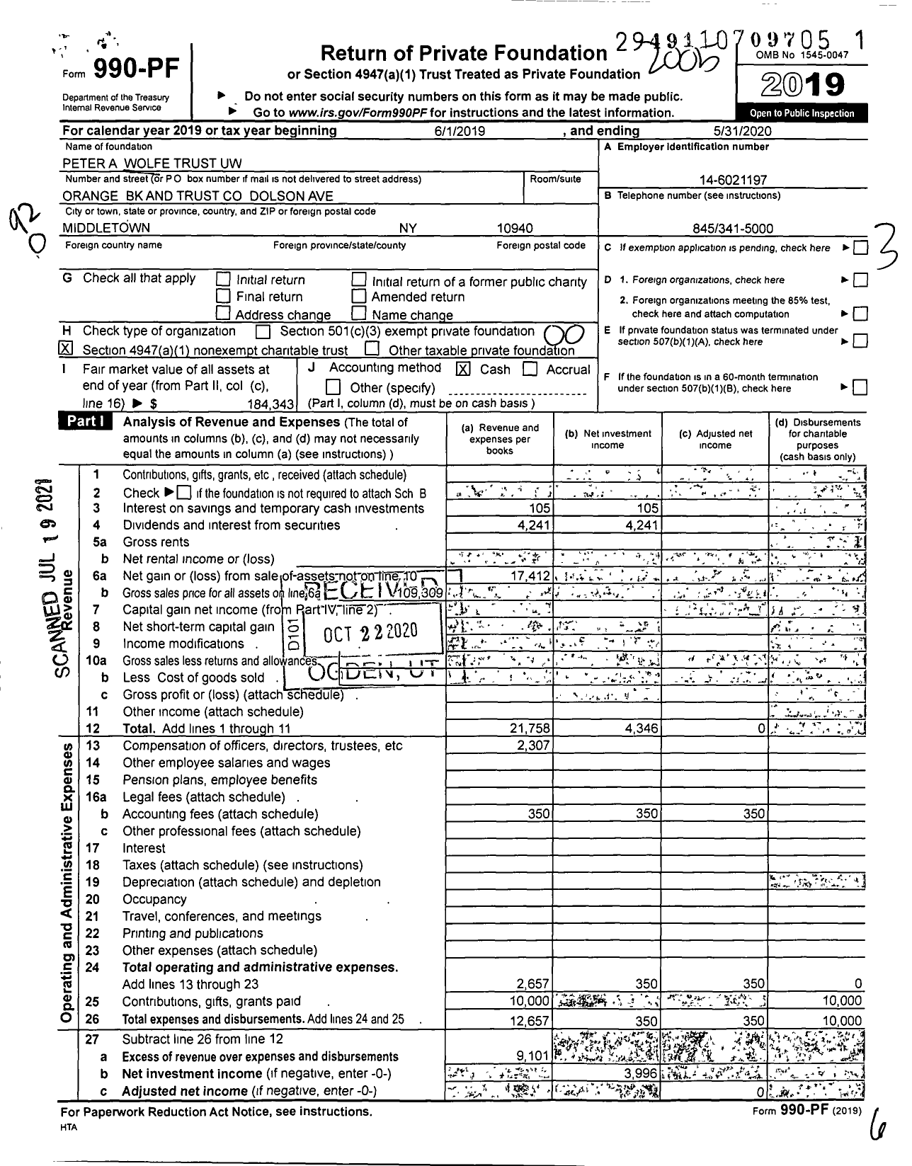 Image of first page of 2019 Form 990PF for Peter A Wolfe Trust Fbo St Mary's Church