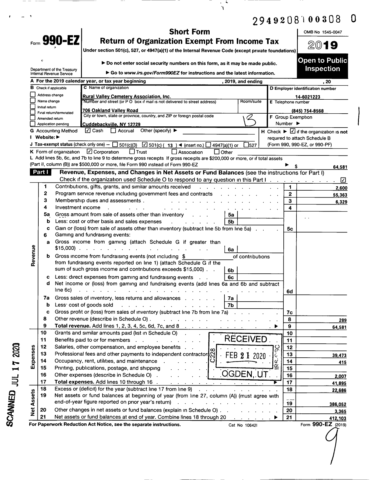 Image of first page of 2019 Form 990EO for Rural Valley Cemetery Association