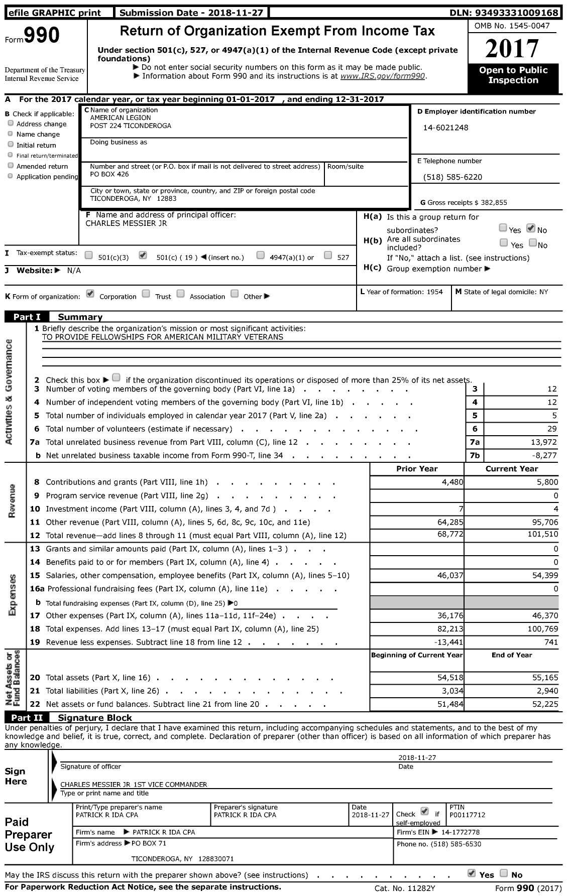 Image of first page of 2017 Form 990 for American Legion Post 224 Ticonderoga