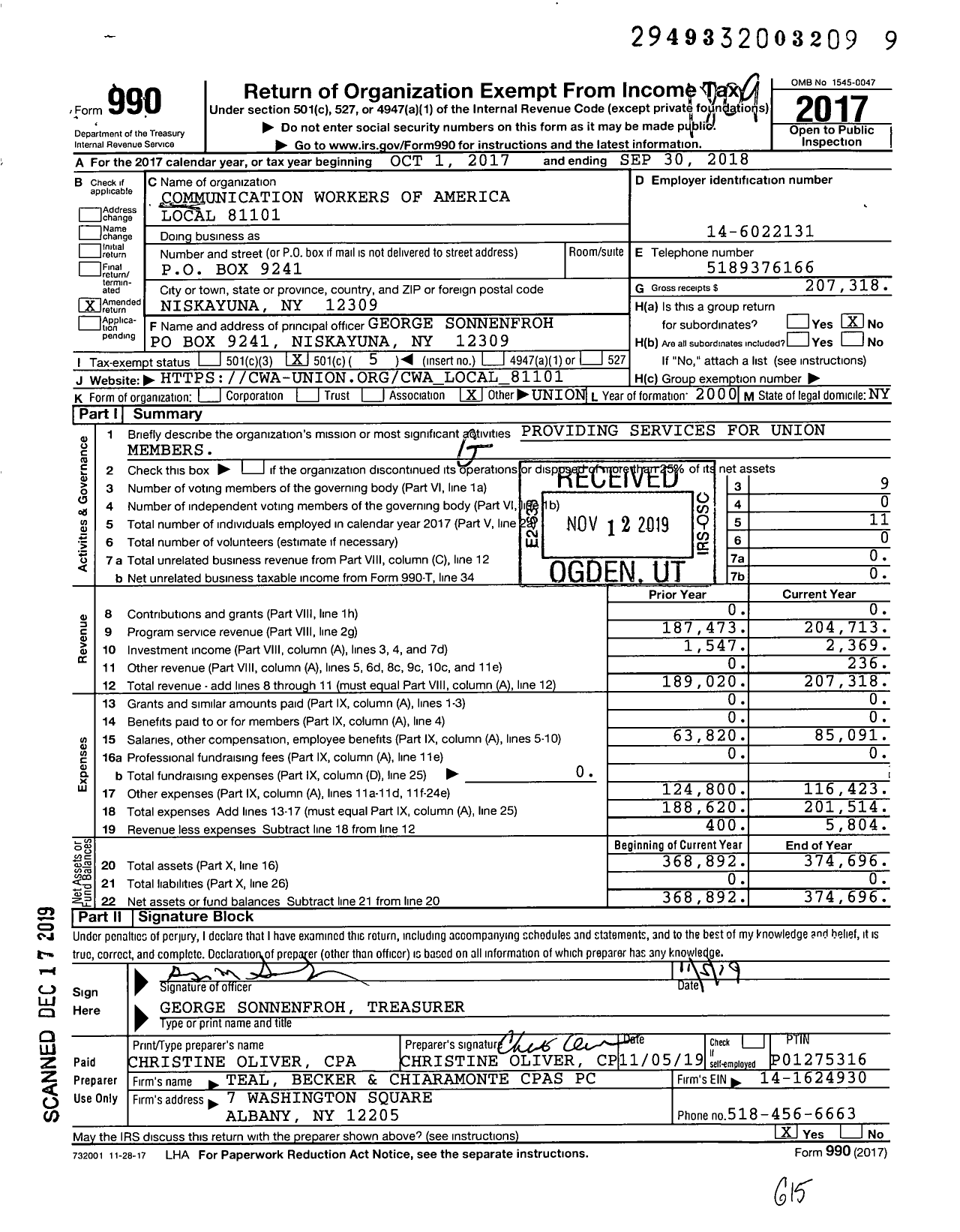 Image of first page of 2017 Form 990O for Communications Workers of America - 81101 Local