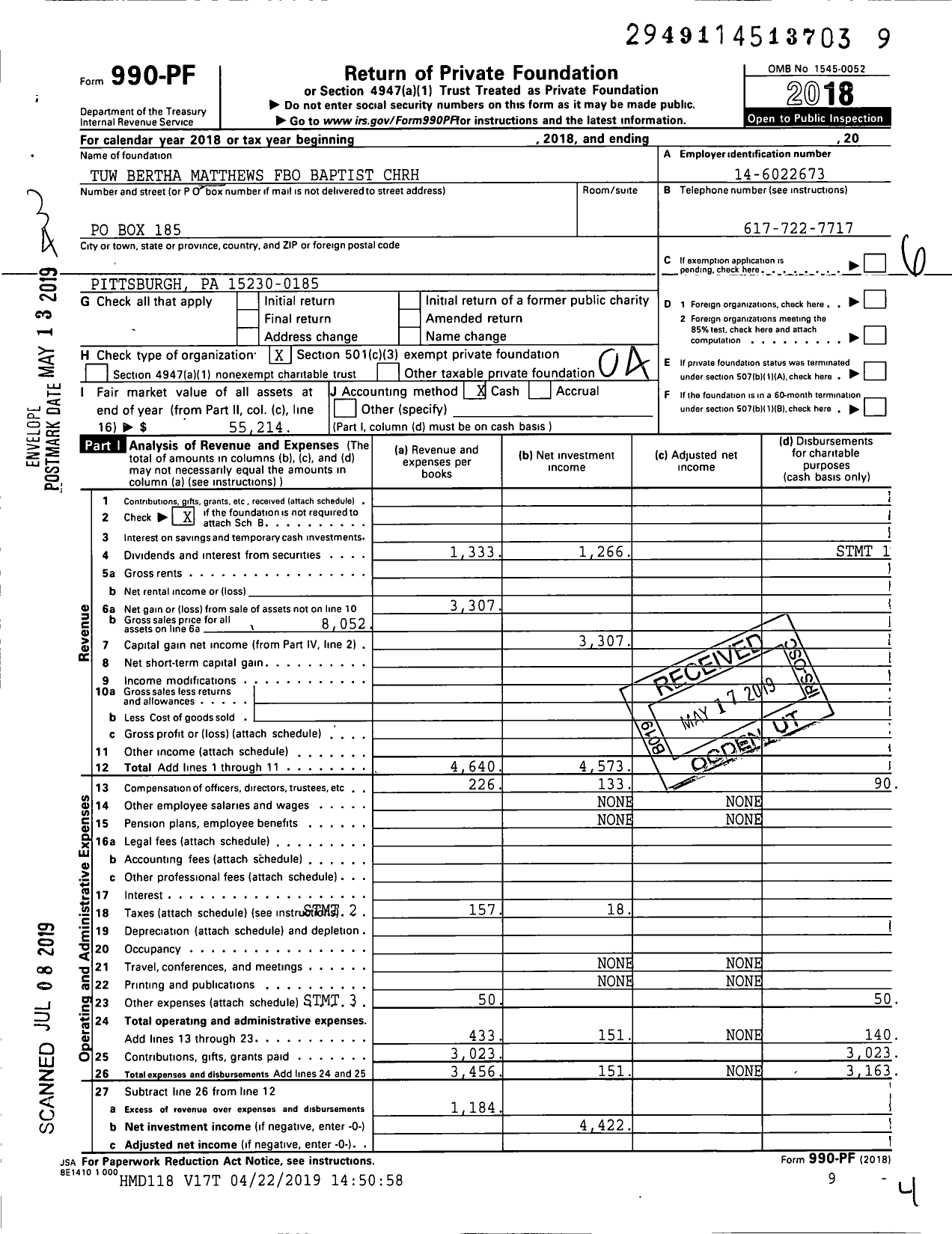 Image of first page of 2018 Form 990PF for Tuw Bertha Matthews Fbo Baptist Church