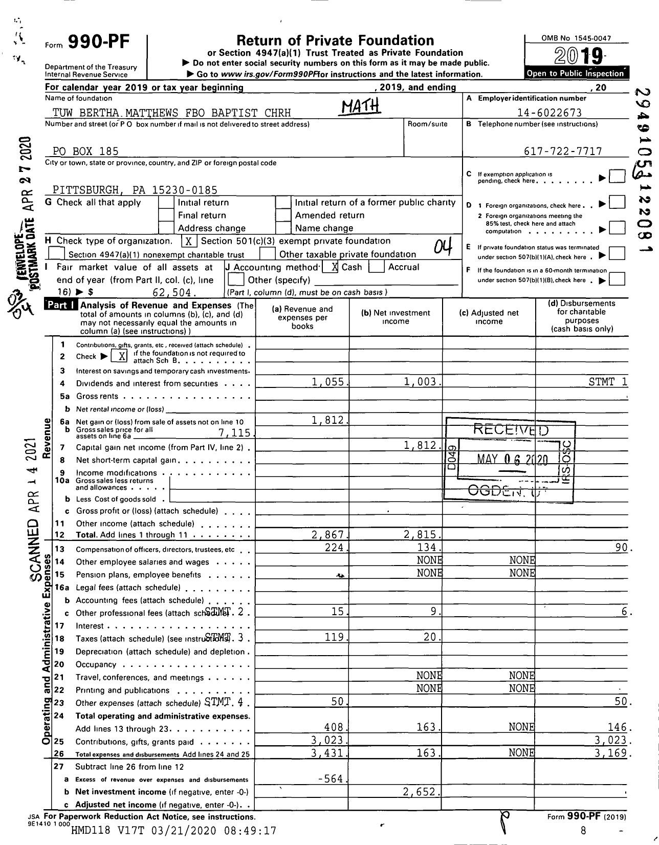 Image of first page of 2019 Form 990PF for Tuw Bertha Matthews Fbo Baptist Church