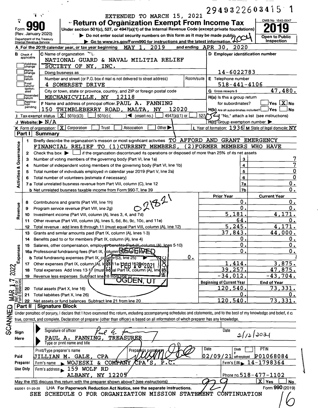 Image of first page of 2019 Form 990 for National Guard and Naval Militia Relief Society of Ny