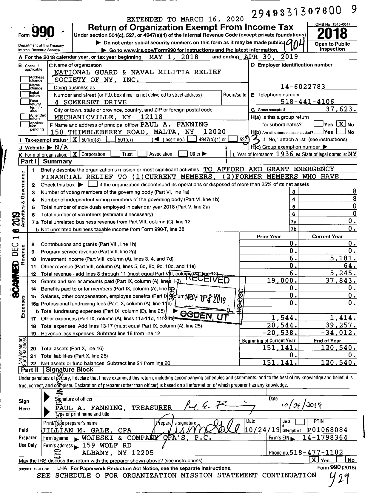 Image of first page of 2018 Form 990 for National Guard and Naval Militia Relief Society of Ny