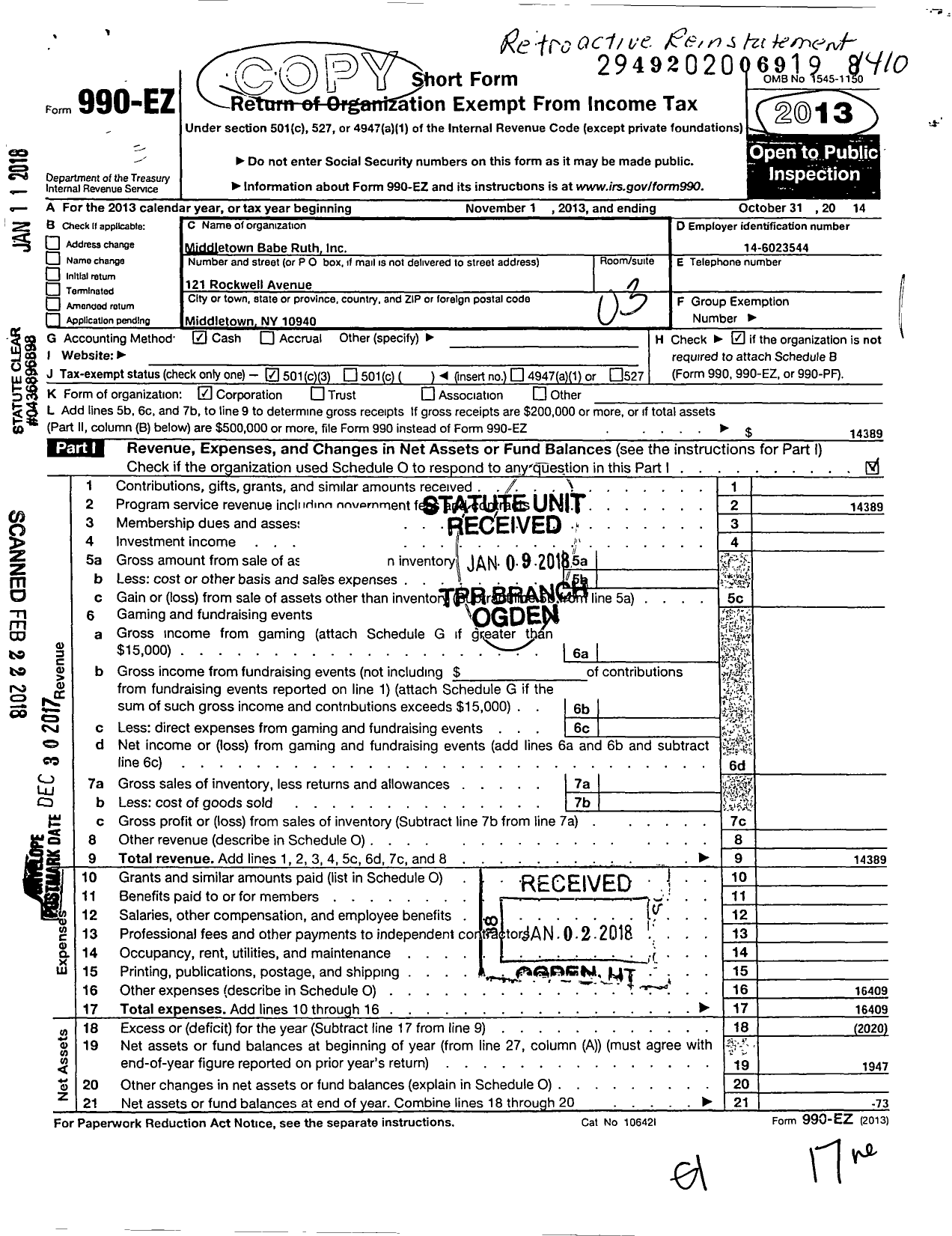 Image of first page of 2013 Form 990EZ for Middletown Babe Ruth League